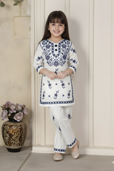 Girls' White Kurti & Trouser Set with Navy Blue Lucknowi Embroidery
