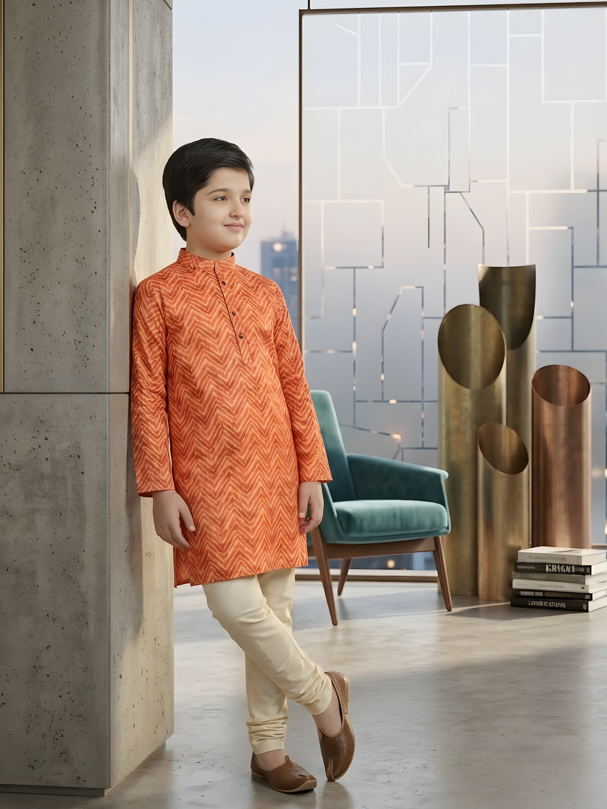 Boys' Orange and Red Zigzag Pattern Full-Sleeve Kurta Set