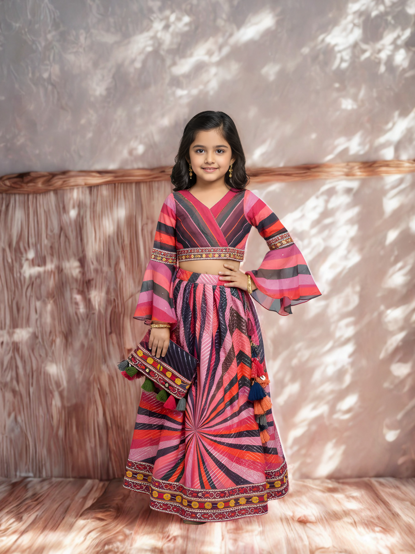 Girls' Purple and Black Sunburst Print Wrap-Style Lehenga Choli Set