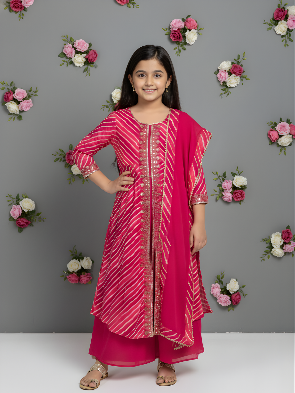 Girls' Hot Pink Bandhani Print Kurta, Striped Garara, and Ombre Dupatta Set