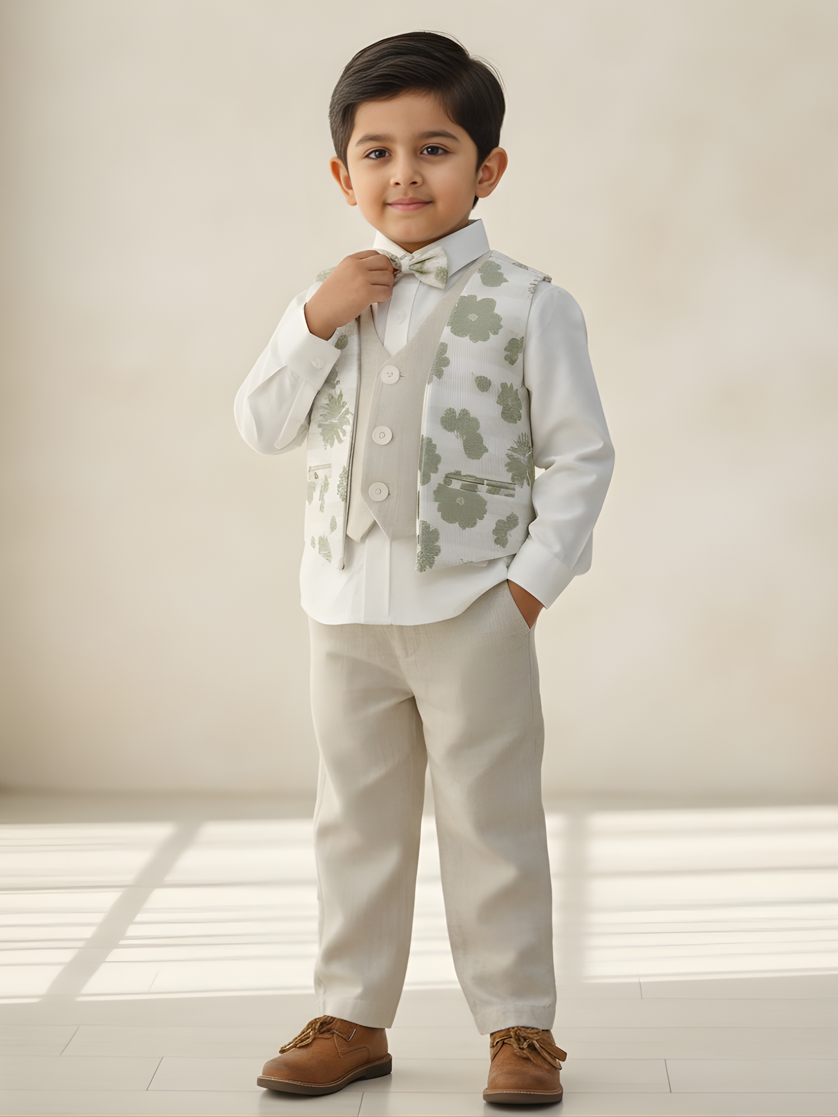 Boys' Cream Floral Waistcoat Set with Bow Tie - 4-Piece Formal Suit