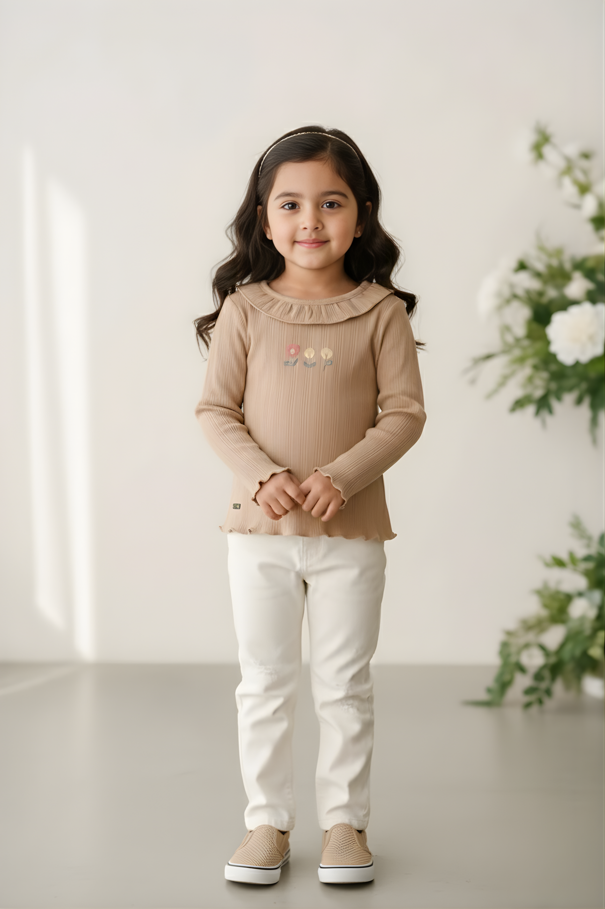 Girls' Ruffled Ribbed Long-Sleeve Embroidered Top