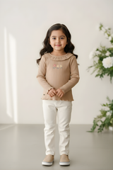 Girls' Ruffled Ribbed Long-Sleeve Embroidered Top