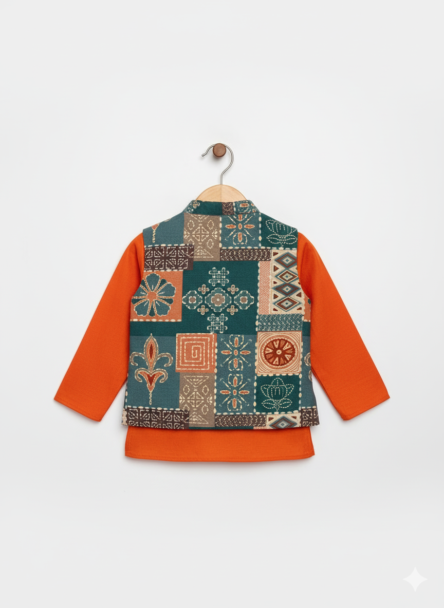 A young boy standing and smiling, wearing a bright orange long-sleeved kurta and pajama set, accessorized with a sleeveless teal, orange, and cream geometric-printed Nehru jacket.