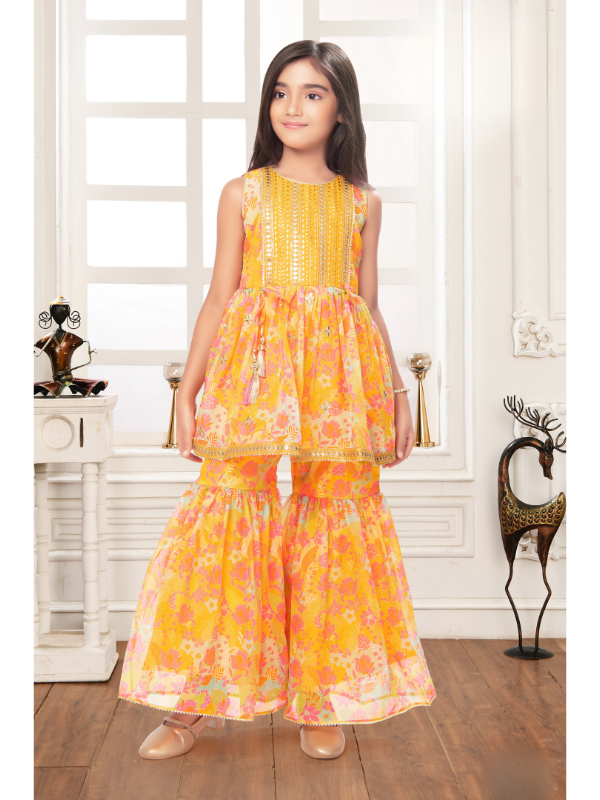Girls Traditional Sleeves Less Sharara Set - Yellow