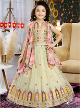 Girls' Vibrant Orange Patchwork Print Lehenga Choli