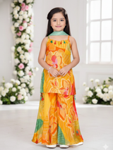 Girls' Bright Yellow Floral Print Camisole Top and Wide-Leg Palazzo Set.