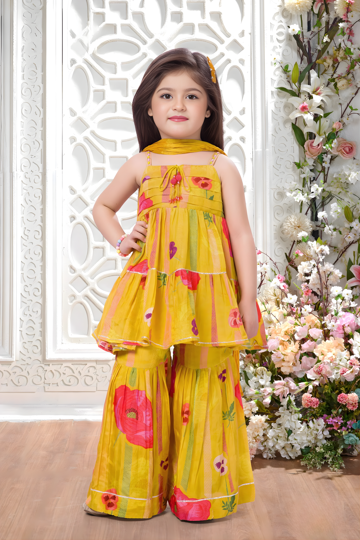 Girls' Yellow Floral Tiered Peplum Top and Sharara Set