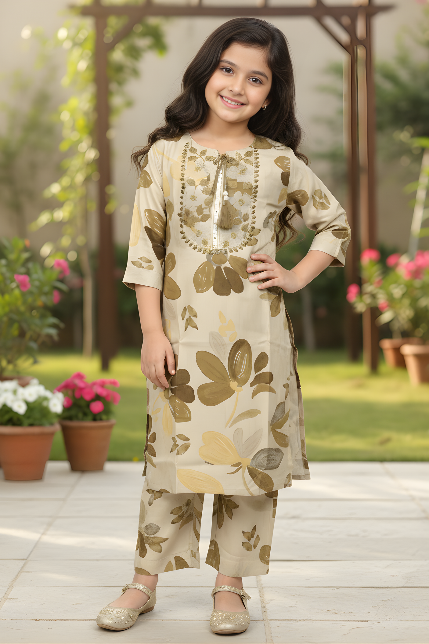 Girls' Casual Beige Tunic and Trousers Set with Olive Floral Print
