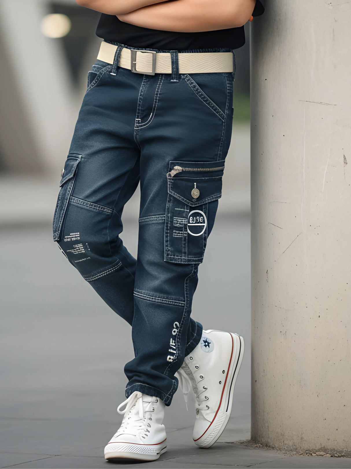 Boys Dark Blue Multi-Pocket Denim Cargo Jeans