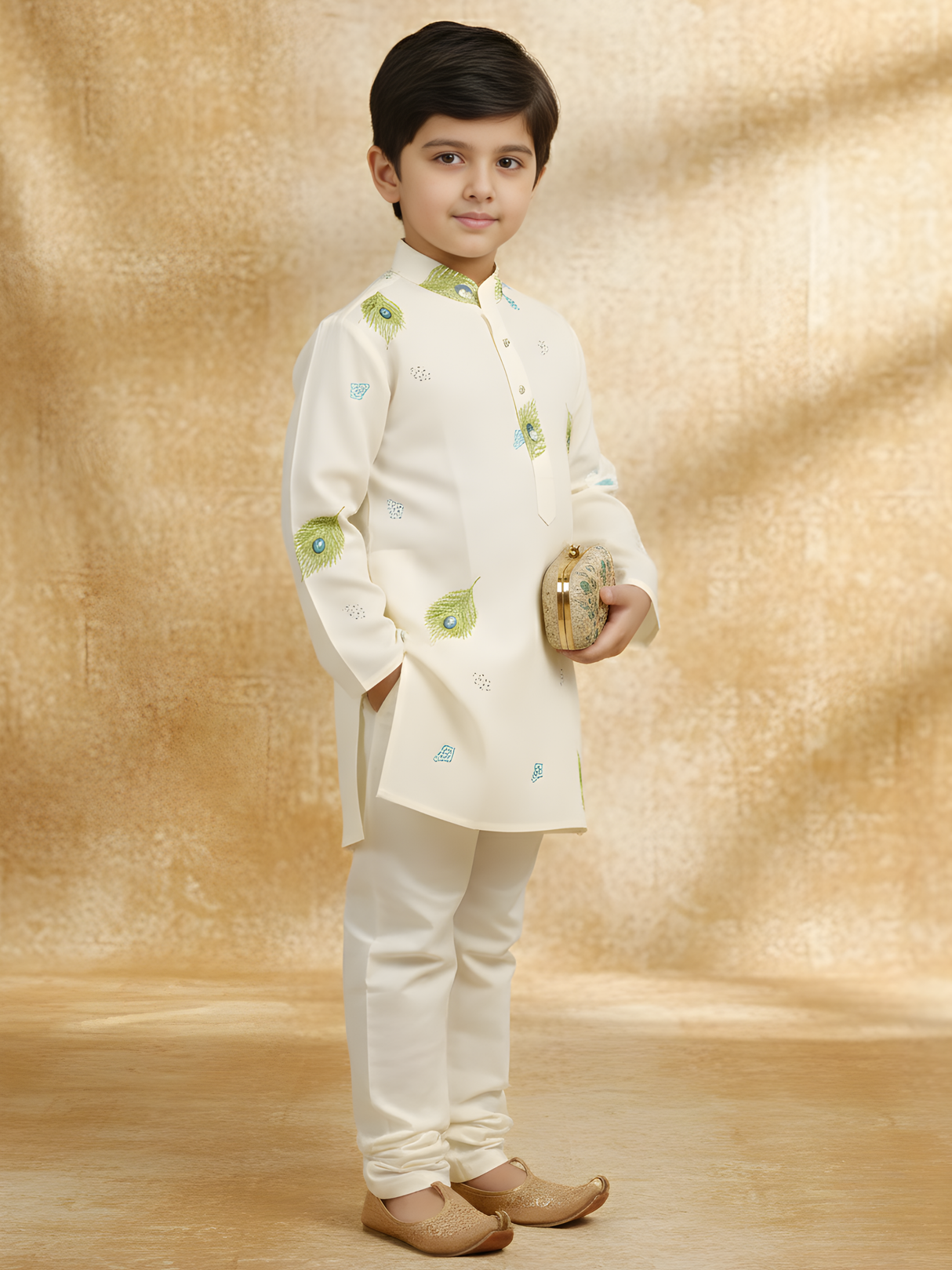 Boys' Off-White Kurta Pajama Set with Peacock Feather Print