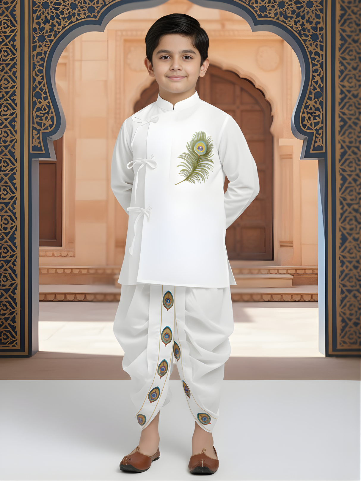 Boys' Crisp White Angrakha Kurta and Dhoti Set with Peacock Feather Embroidery