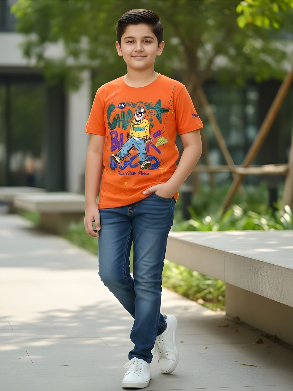 Boys' Neon Orange Street Art Graphic Tee with 90s Vibe Print