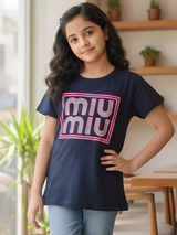 Girls' Navy Blue "MIU MIU" Graphic Tee - Sparkle Edition