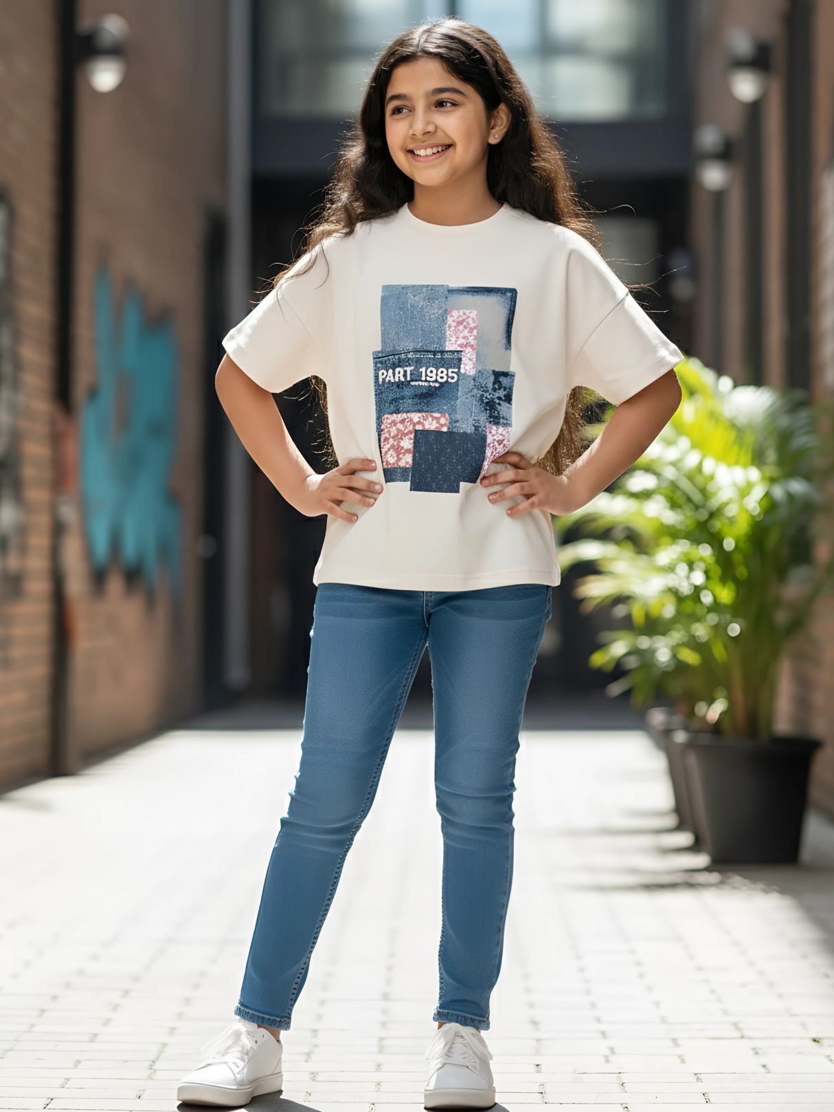 Girls' Patchwork Print Knit Top