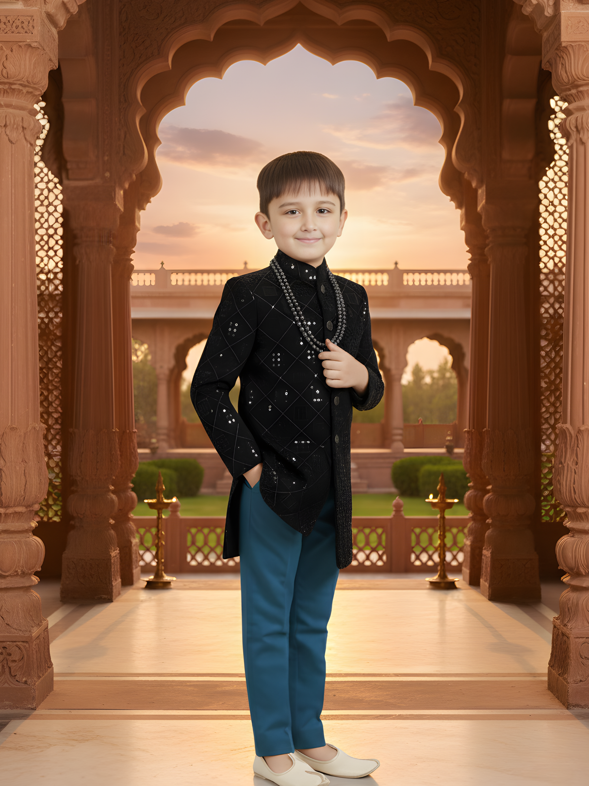Boys' Green Sequined Sherwani with Teal Trousers Set