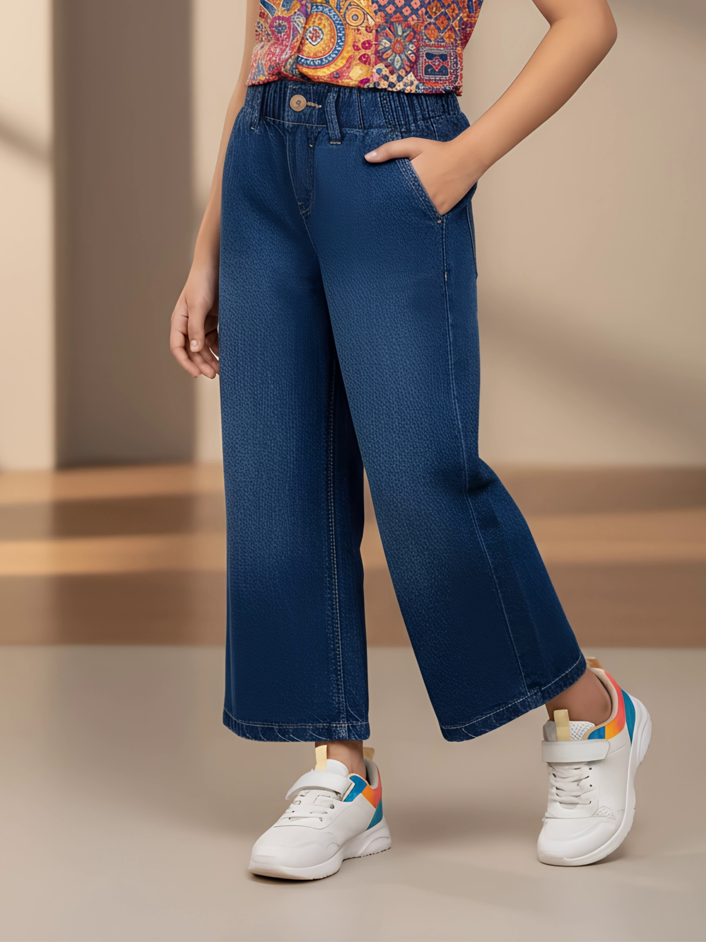 Girls' Dark Blue Wide-Leg High-Waist Denim Jeans.