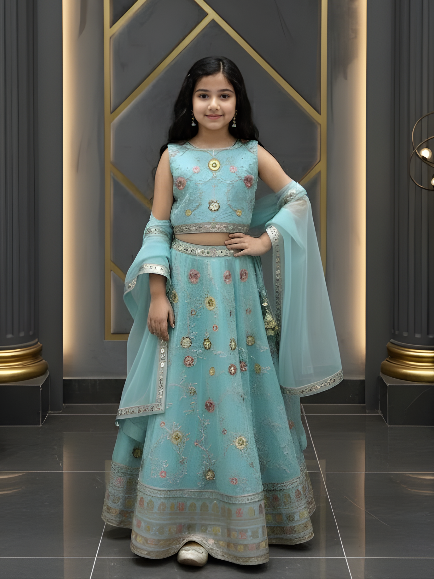 Girls Green Lehenga Choli with Dupatta