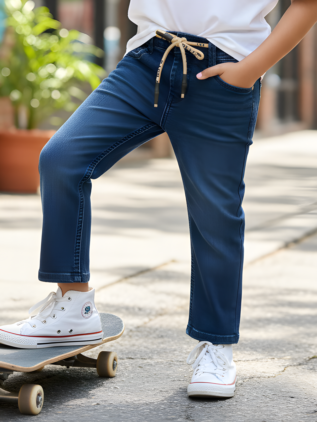 Toddler Boys' Navy Blue Pull-On Jeans with Branded Drawstring.