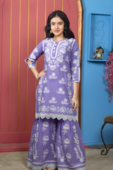 Girls' Elegant Lavender Purple Lucknowi Embroidered Kurti & Sharara Set