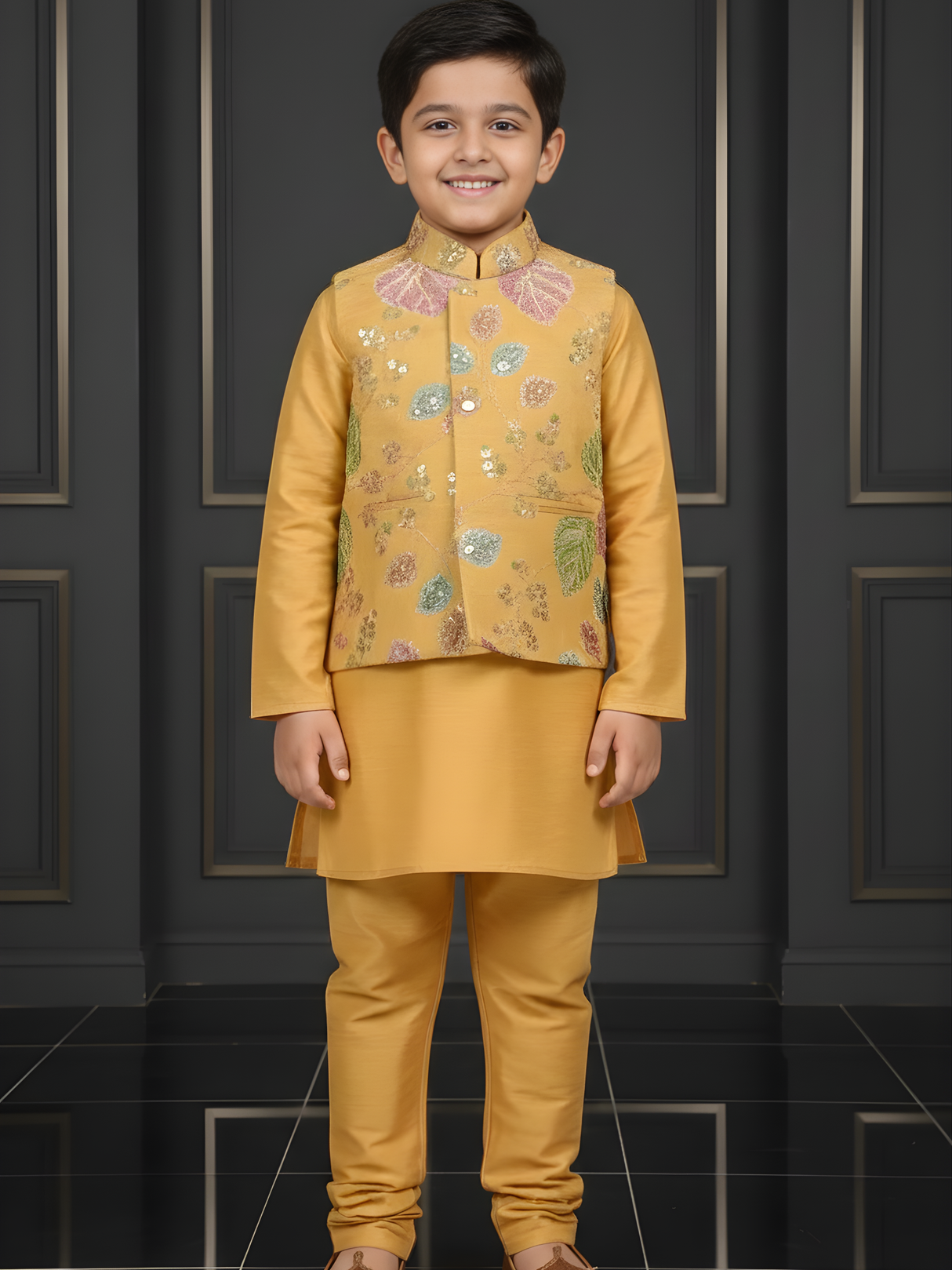 Boys Mustard Yellow Silk Kurta Set with Embroidered Nehru Jacket