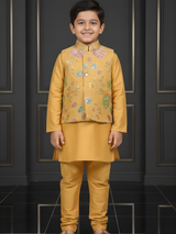 Boys Mustard Yellow Silk Kurta Set with Embroidered Nehru Jacket