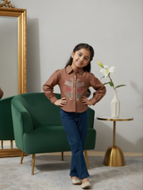 Girls' Brown Embroidered Puff-Sleeve Collared Shirt