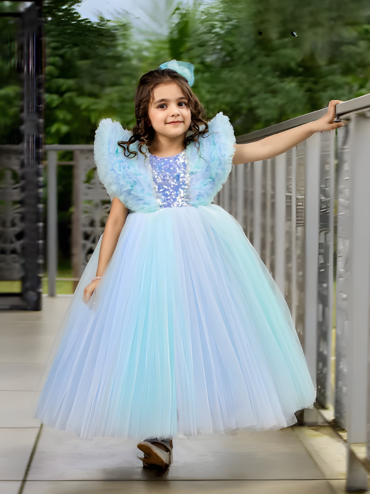 Girls Party Heavy Western Gown With Work - Sky Blue