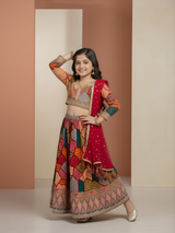 Girls' Deep Pink Floral Print Crop Top (Choli) and Striped Lehenga Set