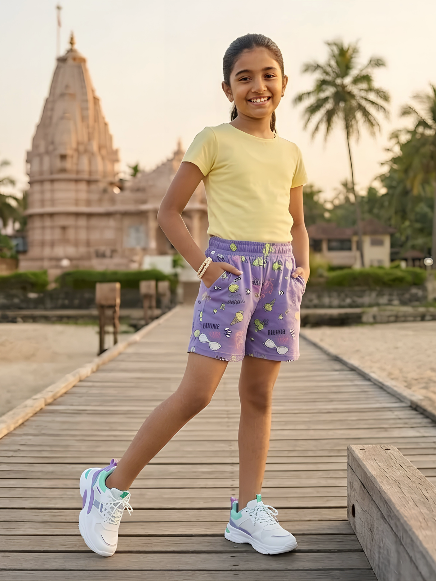 Girls’ Vibrant Purple Graphic Print Drawstring Shorts