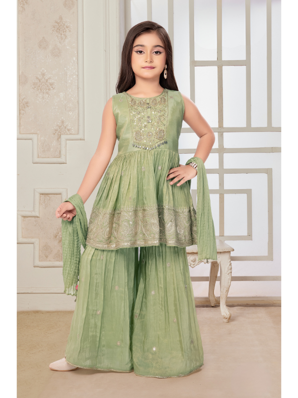 Girls Traditional Sleeves Less Sharara Set - Green