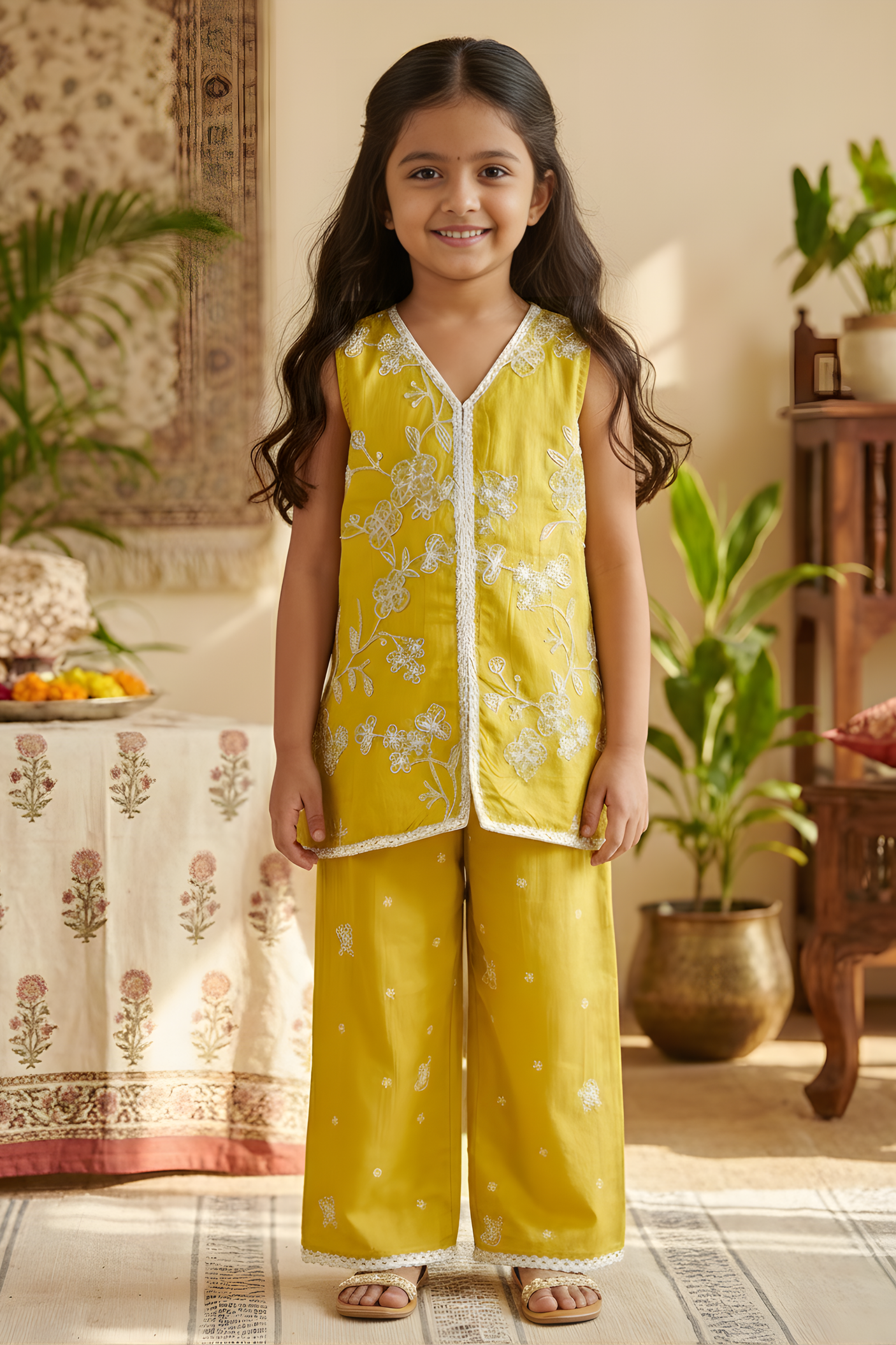 Girls' Sunny Yellow Palazzo Set with White Floral Embroidery.