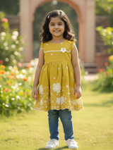 Girls' Casual Mustard Yellow Cotton Frock with White Embroidery