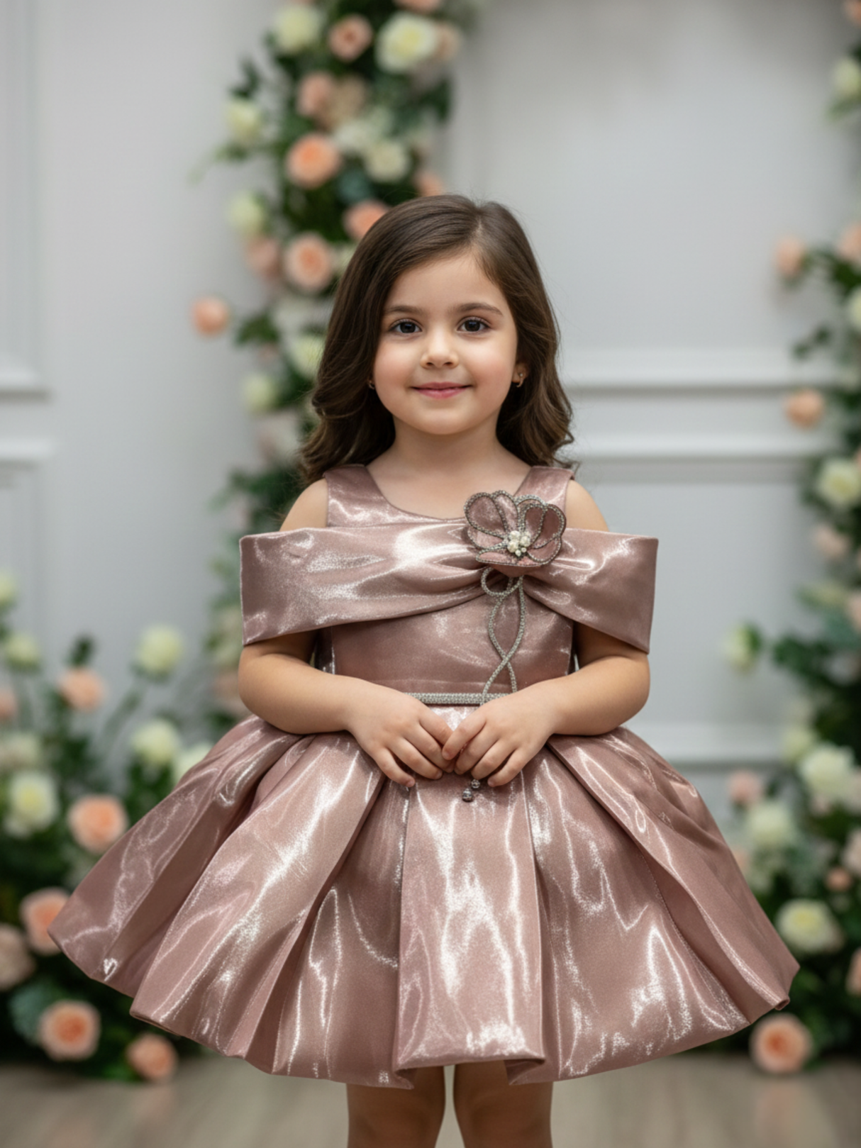 Maroon Shimmer Party Dress for Baby Girls with Bow & Floral Accent.