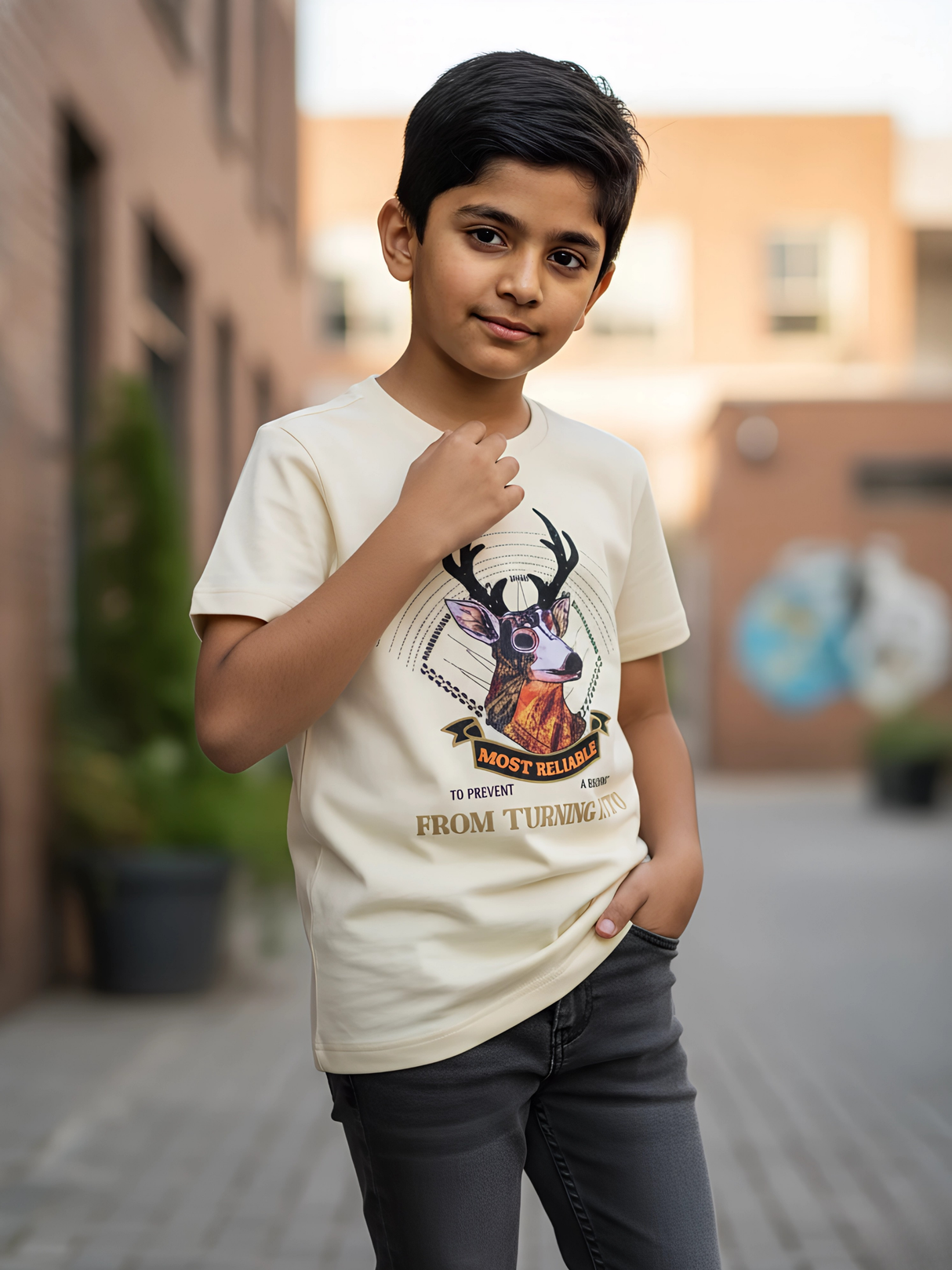 Kids' 'Mountain' Gradient Graphic T-Shirt - Cream Textured Finish.