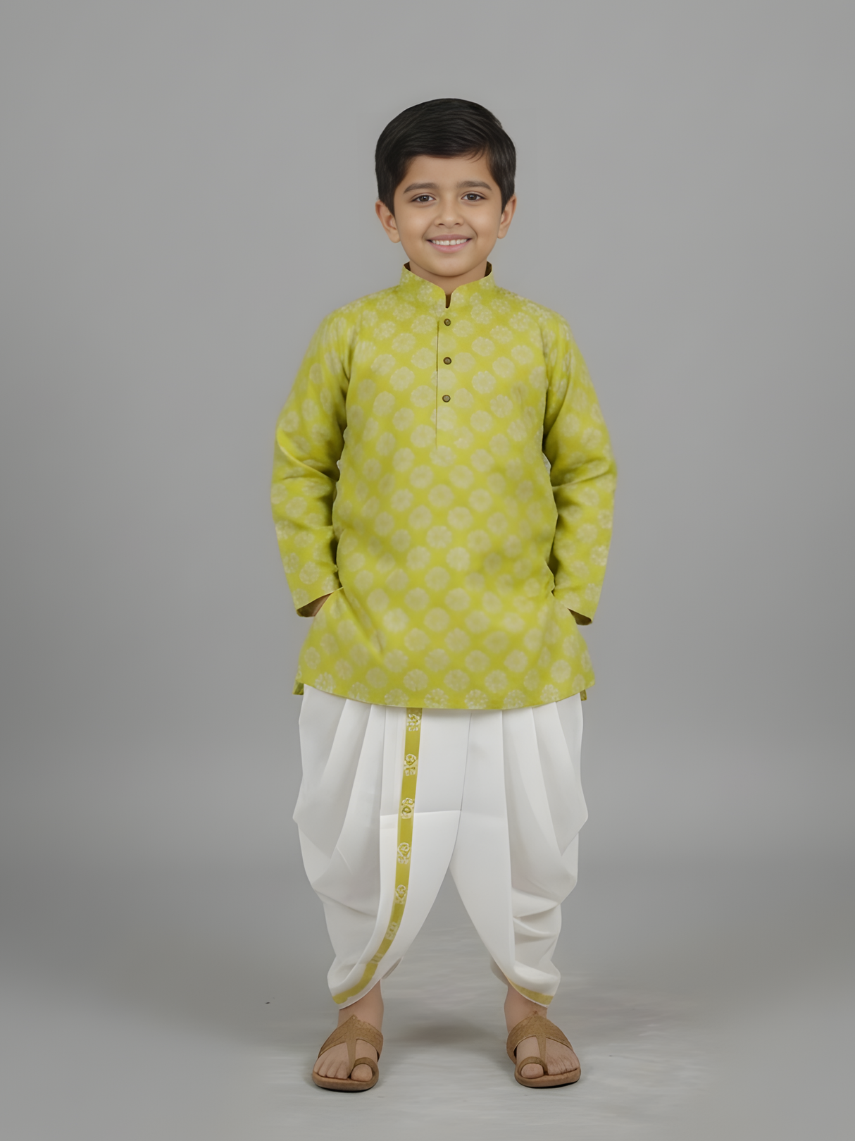 Boys' Lime Green Geometric Printed Kurta with White Dhoti Set