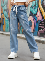 Girls Blue Embroidered Straight Fit Jeans – Lace Belt & Stylish Letter Print