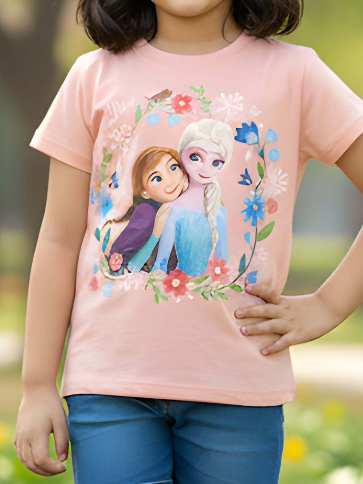 Girls' Peach Disney Frozen Elsa and Anna Floral Wreath Graphic T-Shirt