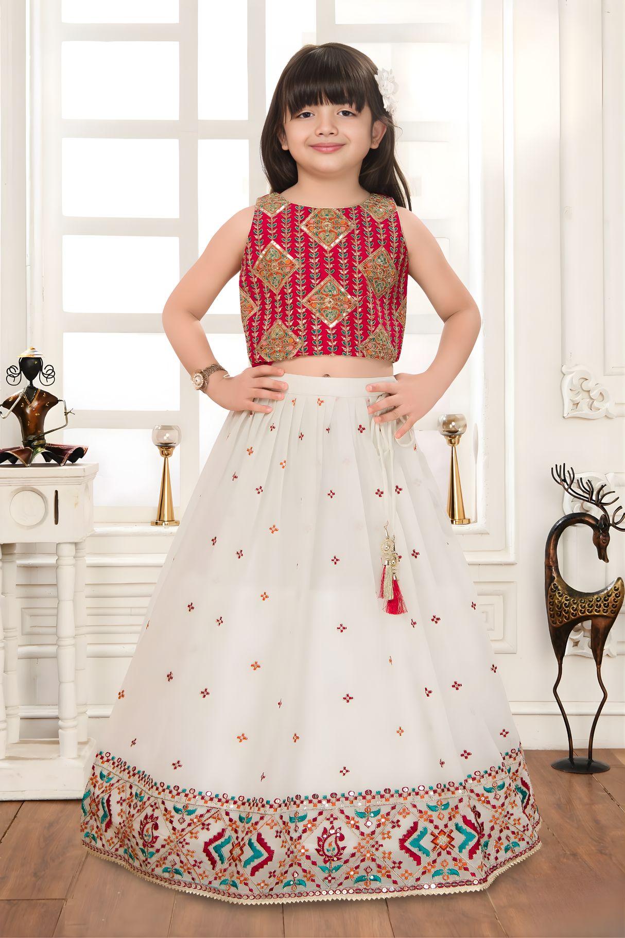 Ruby Red & Cream Embroidered Lehanga Choli Set for Girls
