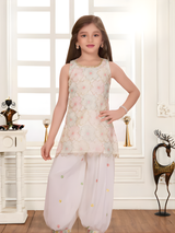 Girls' Elegant 3-Piece Cream Skirt Set with Floral Embroidered Choli and Sheer Jacket
