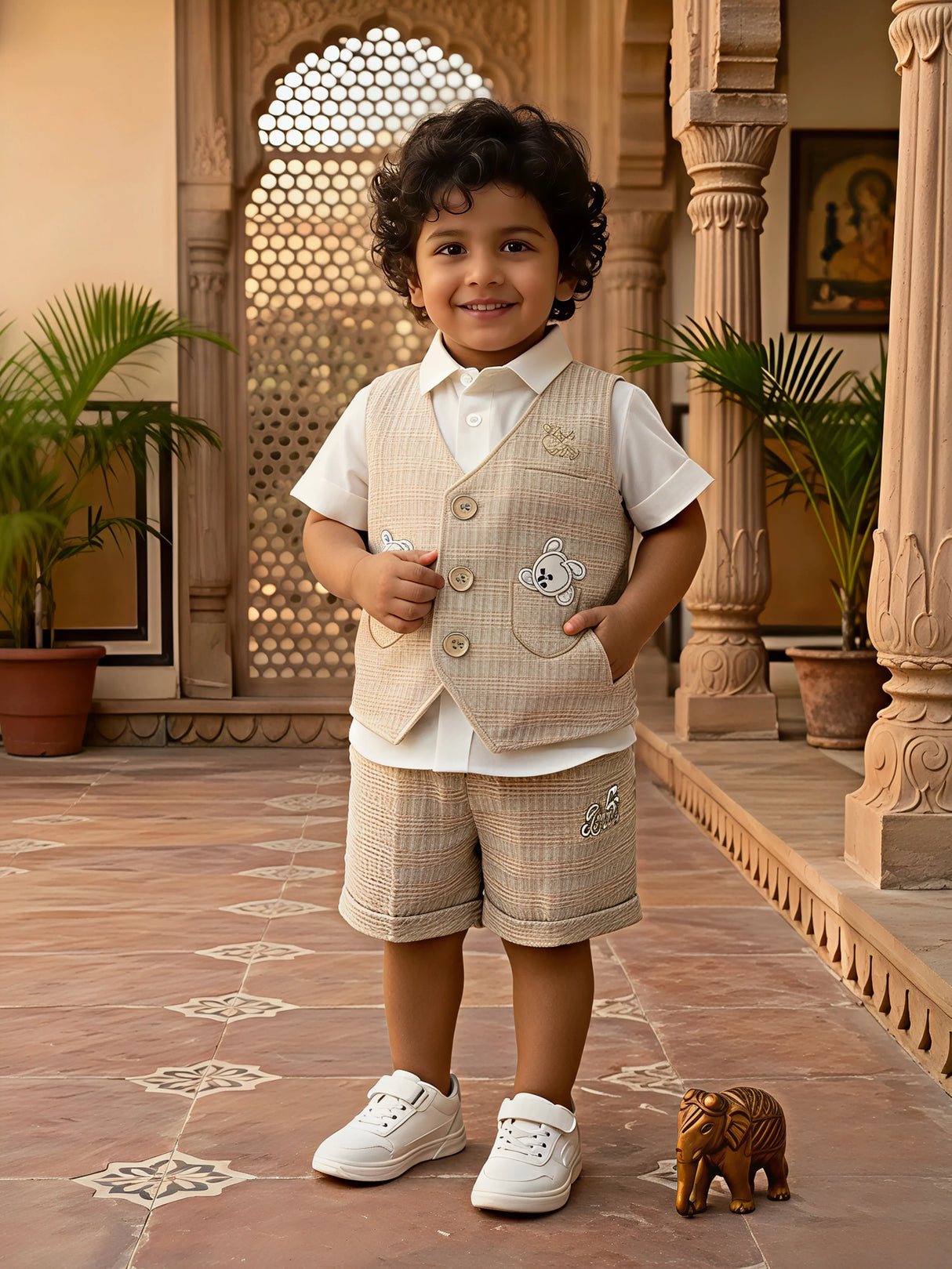 Boys Brown Textured Waistcoat & Shorts Set