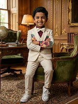 Boys Cream Floral Embroidered 3-Piece Coat Suit Set