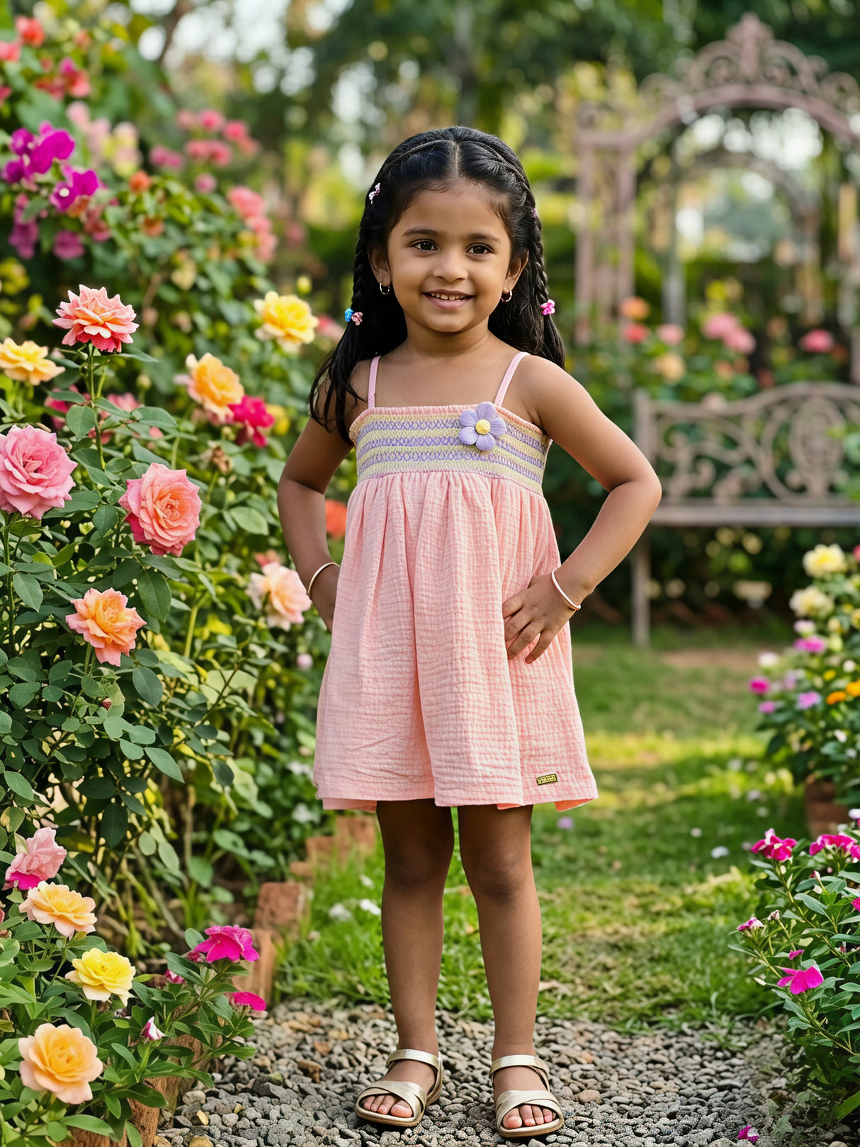 Smocked Peach Cotton Frock with Purple Floral Accent