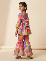 Girls Peach Printed Ethnic Sharara Set with Tassels.