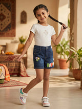 Girls Navy Blue "HAPPY" Appliqué Denim Shorts