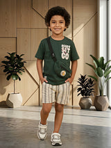 Boys Ready Set Go Green Cotton T-Shirt & Striped Shorts Co-ord Set
