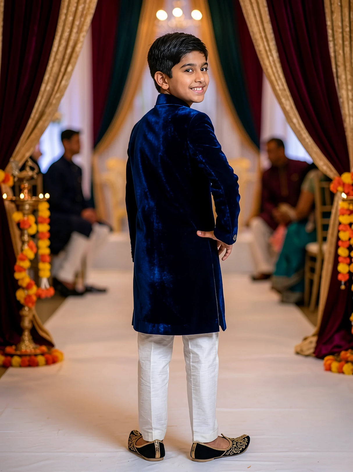 Boys Navy Blue Velvet Sherwani Set ()
