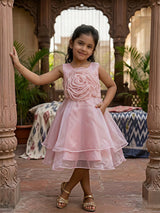 Girls' Pink Petal Rose Organza Party Frock