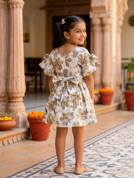 Cream Floral Cold-Shoulder Frock for Girls