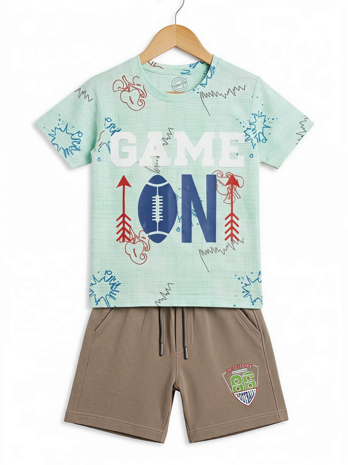 Boys Mint Green Game On Printed T-Shirt and Shorts Co-ord Set